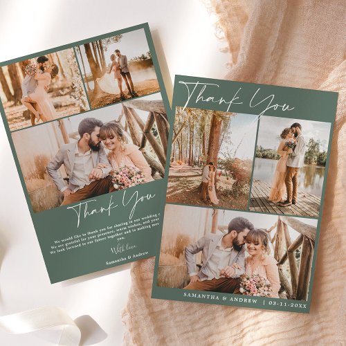 Modern simple script green 6 photos wedding thank thank you card