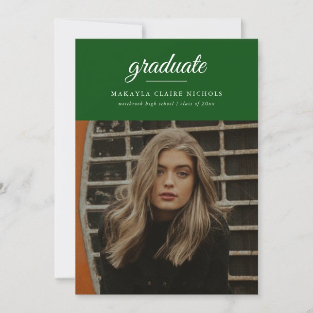 Modern Simple Script Green Photo Graduation Invitation (Front)