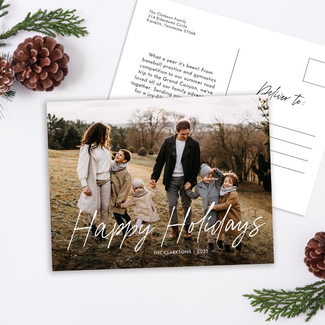 Modern Simple Script Happy Holidays Family Photo Holiday Postcard (Creator Uploaded)