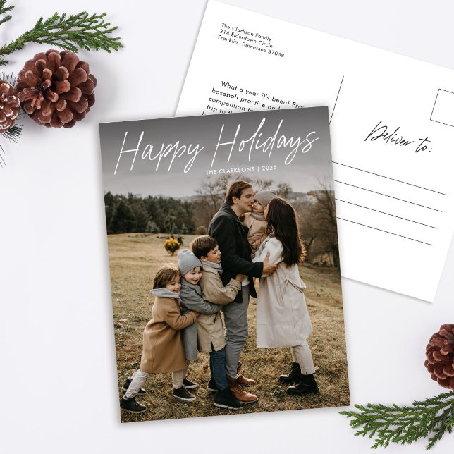 Modern Simple Script Happy Holidays Family Photo Holiday Postcard (Creator Uploaded)