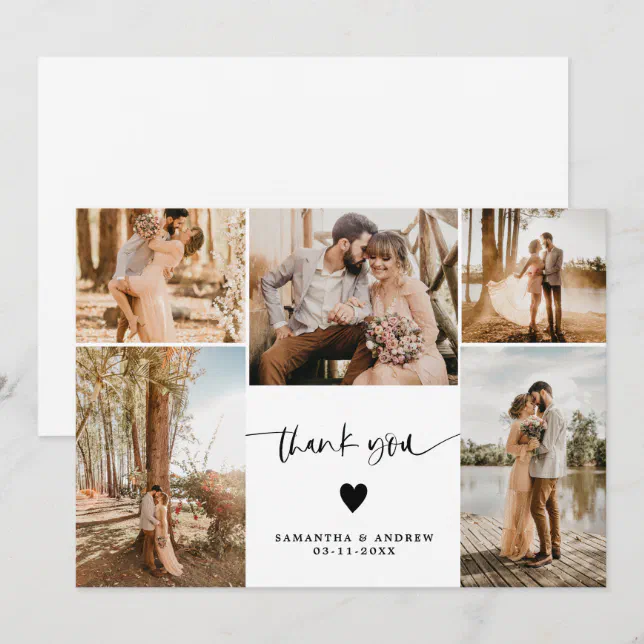 Modern simple script heart 5 photos wedding thank you card | Zazzle
