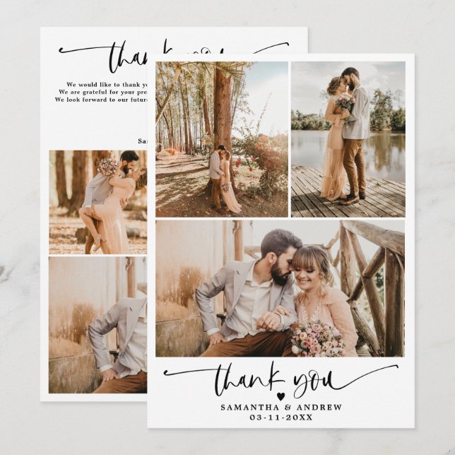 Modern simple script heart 6 photos wedding  thank you card (Front/Back)