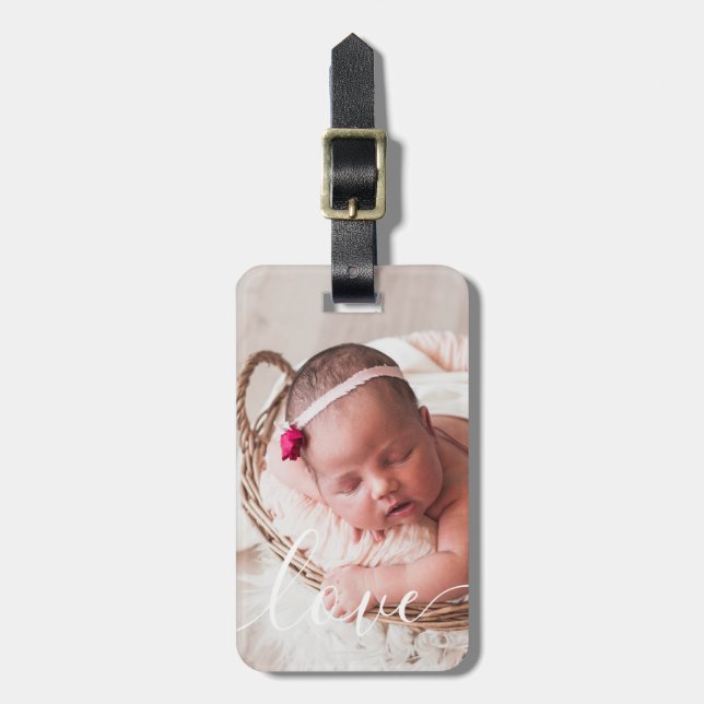 Modern Simple Script Love Baby Photo Luggage Tag (Front Vertical)