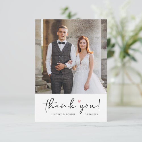 Modern Simple Script Love Heart Wedding Photo Than Thank You Card
