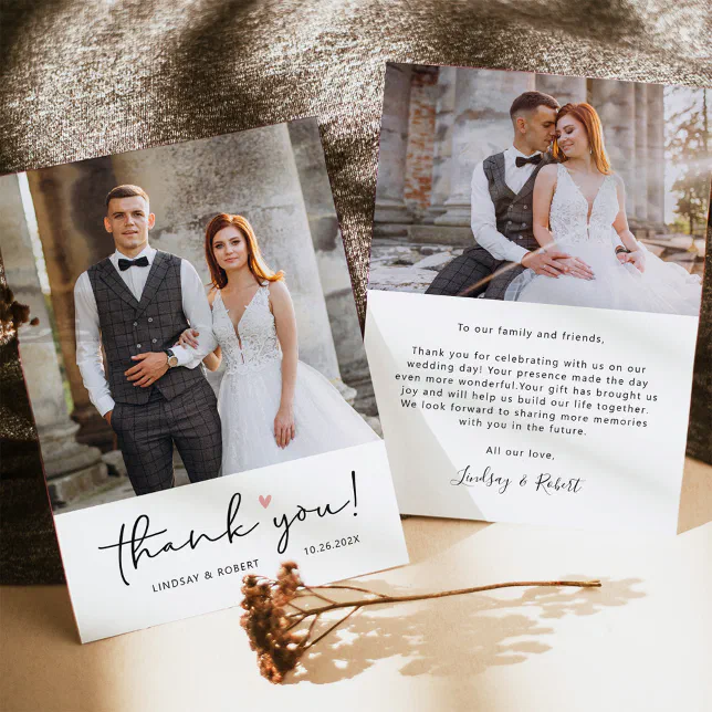 Modern Simple Script Love Heart Wedding Photo Than Thank You Card | Zazzle