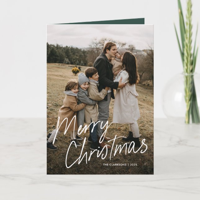 Modern Simple Script Merry Christmas 5 Photo Holiday Card (Front)
