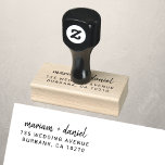 Modern Simple Script Names  Wedding Return Address Rubber Stamp<br><div class="desc">Modern, minimalist wedding return address stamp, in a simple yet elegant design, featuring the bride and grooms name in stylish informal handwritten calligraphy script typography font paired with a customizable mailing address text in a trendy sans serif font for a chic, sophisticated feel in classic black and white. Planning a...</div>