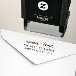 Modern Simple Script Names Wedding Return Address Self-inking Stamp<br><div class="desc">Modern, minimalist wedding return address self-inking stamp, in a simple yet elegant design, featuring the bride and grooms name in stylish handwritten calligraphy script typography paired with a customizable mailing address text in a trendy sans serif font for a chic, sophisticated feel in classic black and white. Planning a wedding...</div>