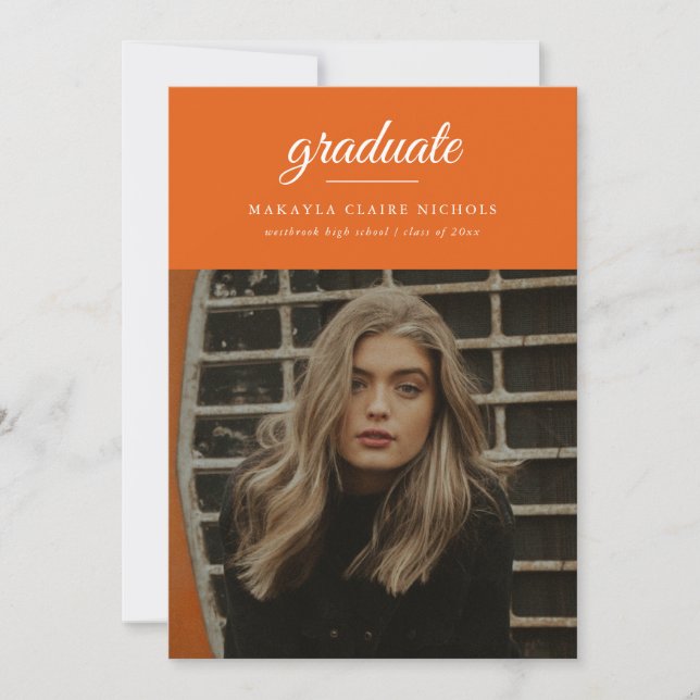Modern Simple Script Orange Photo Graduation Invitation (Front)