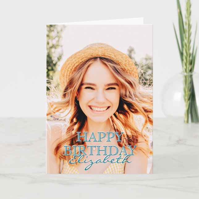 Modern Simple Script Photo Birthday Greeting Card (Front)