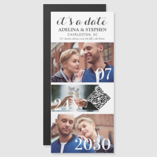 Modern Simple Script QR CODE 3 Photo Save The Date Magnetic Invitation
