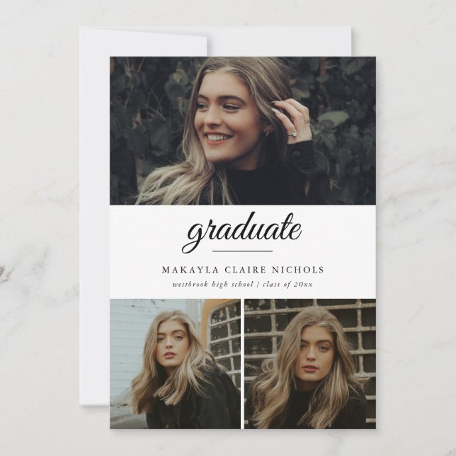 Modern Simple Script Three Photo Graduation Invitation (Front)