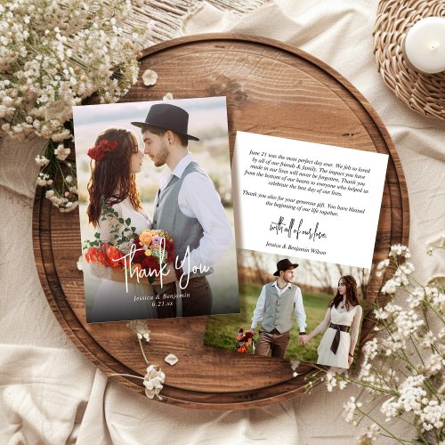 Modern Simple Script Two Photo Wedding Thank You Card