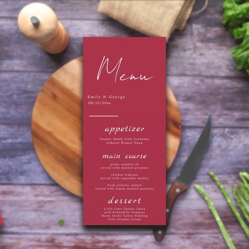 Modern Simple Script Viva Magenta Minimal Wedding Menu