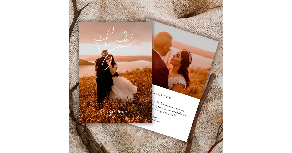 Modern Simple Script Wedding Photo Thank You Card | Zazzle