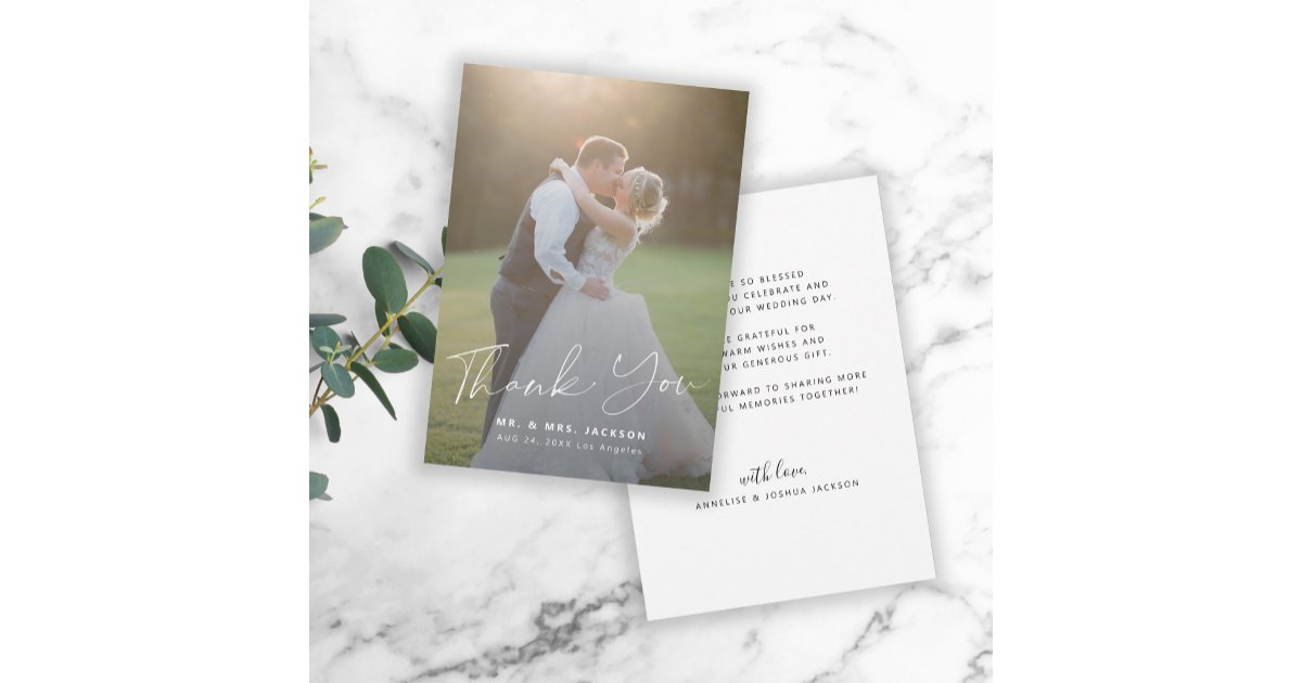 Modern simple script wedding photo thank you card | Zazzle