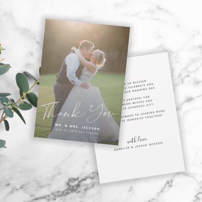 Modern simple script wedding photo thank you card (Creator Uploaded)