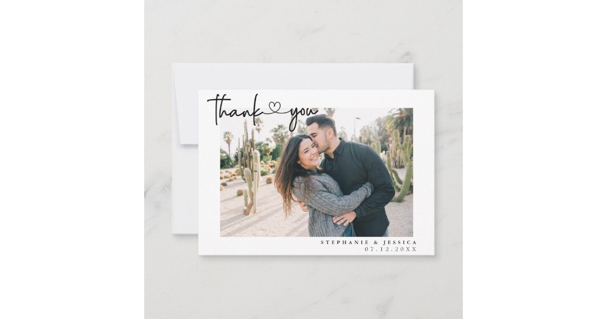 Modern Simple Script With Heart Wedding Photo Thank You Card | Zazzle