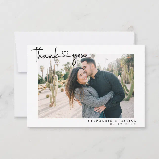 Modern Simple Script With Heart Wedding Photo Thank You Card | Zazzle