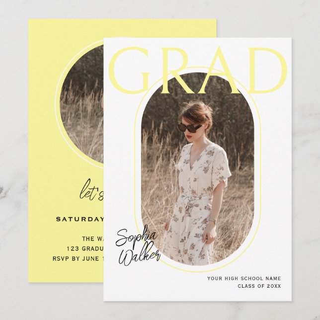 Modern Simple Script Yellow Photo Graduation Party Invitation (Front/Back)