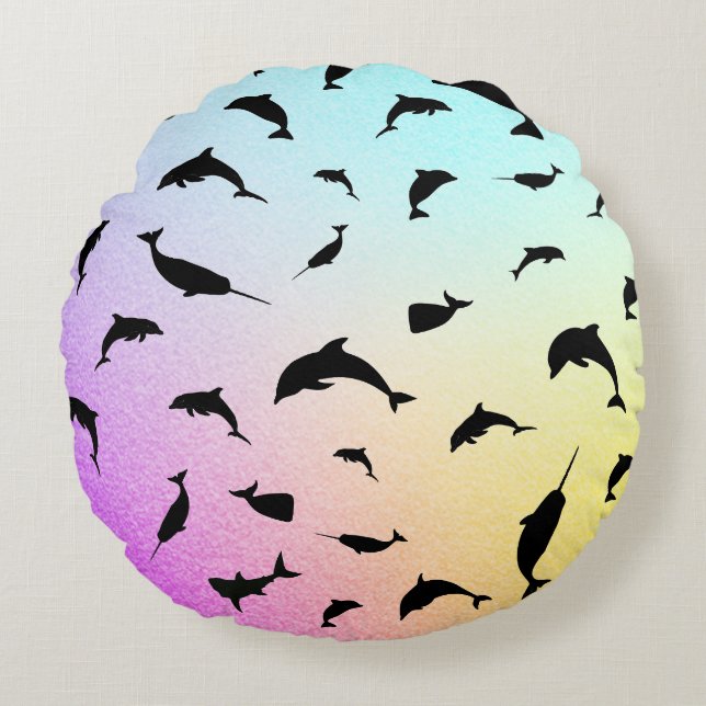 Modern Simple shark whale fish rainbow gradient  Round Pillow (Front)