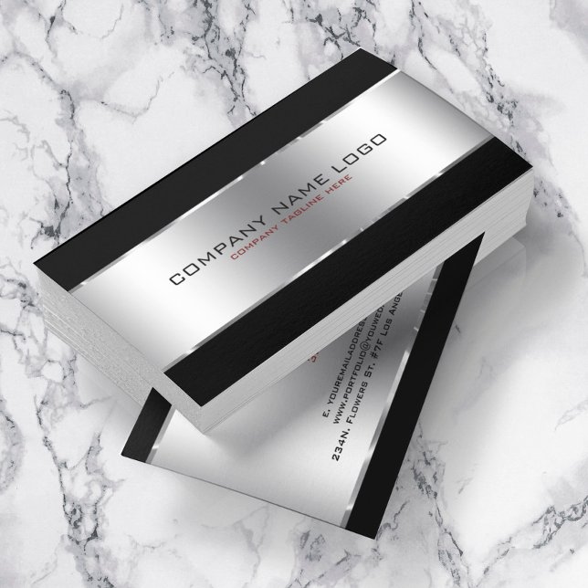 Modern Simple Shiny Metallic Silver And Black Business Card (Creator Uploaded)