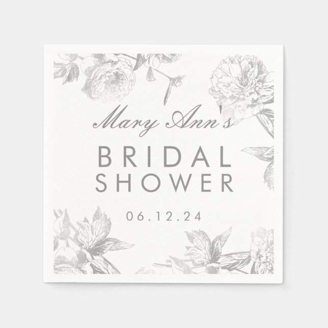 Modern Simple Silver Floral Bridal Shower Favor Napkins (Front)