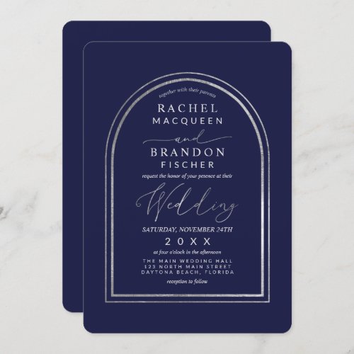Modern Simple Silver Navy Blue Arch Wedding Invitation