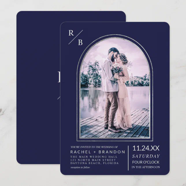 Modern Simple Silver Navy Blue Arch Wedding Invitation | Zazzle