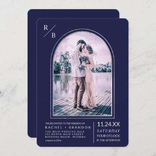 Modern Simple Silver Navy Blue Arch Wedding Invitation