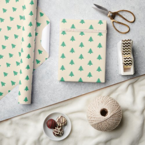 Modern Simple Small Green Christmas Trees on Beige Wrapping Paper