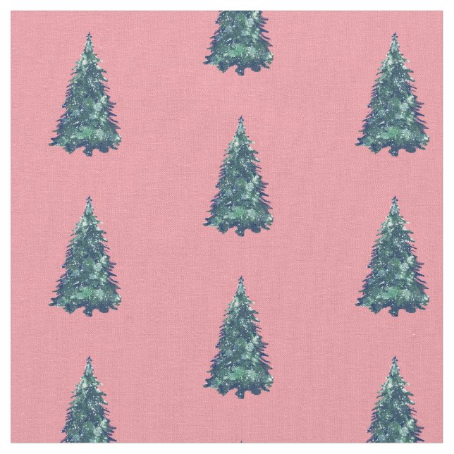 Modern Simple Snowy Green Christmas Trees Pink Fabric (Close Up)