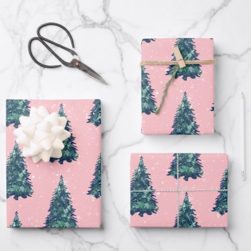 Modern Simple Snowy Green Christmas Trees Pink Wrapping Paper Sheets