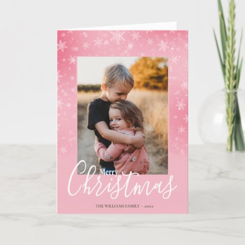 Modern Simple Snowy Pink Merry Christmas Photo Holiday Card