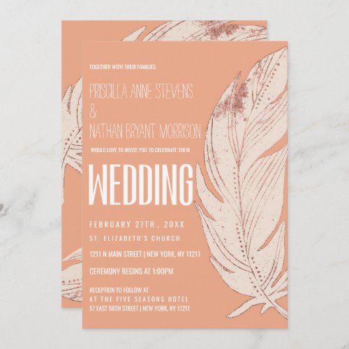 Modern Simple Soft Coral Peach Feather Wedding Invitation