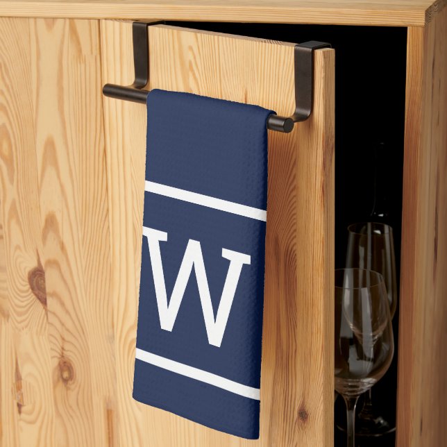 Modern Simple Square Border Monogram Navy Blue Kitchen Towel (Thirds Fold)