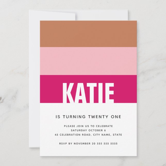 Modern Simple Stripes Pink Tan Photo 21st Birthday Invitation (Front)