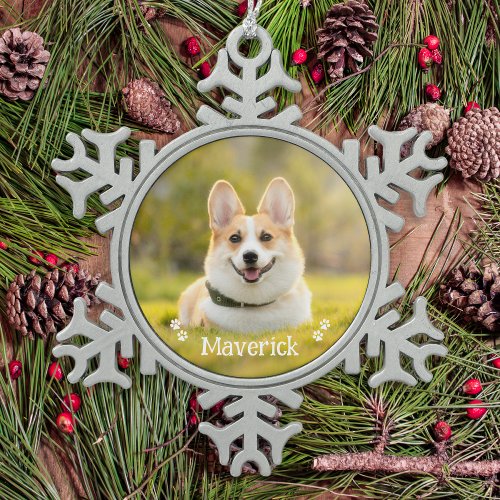 Modern Simple Stylish Personalized Pet Dog Photo Snowflake Pewter Christmas Ornament