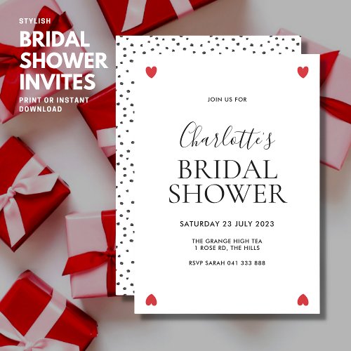 Modern Simple Stylish Red Love Heart Bridal Shower Invitation