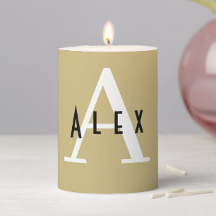 Modern Simple Tan Monogram Name + Initials Pillar Candle