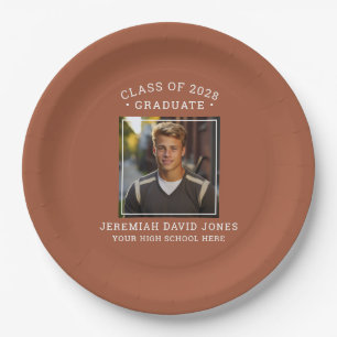 Modern Simple Terracotta Brown Photo Graduation Paper Plates