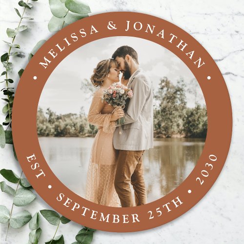 Modern Simple Terracotta Personalize Photo Wedding Round Paper Coaster