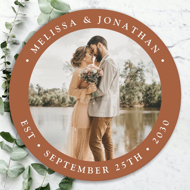 Modern Simple Terracotta Personalize Photo Wedding Round Paper Coaster (Creator Uploaded)