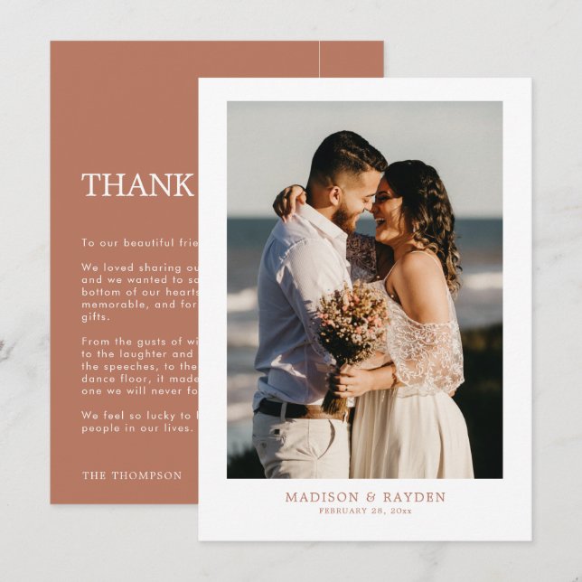 Modern Simple Terracotta with Photo Wedding  Thank You Card (Front/Back)