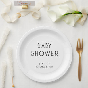 Modern Simple Text Black and White Baby Shower Paper Plates