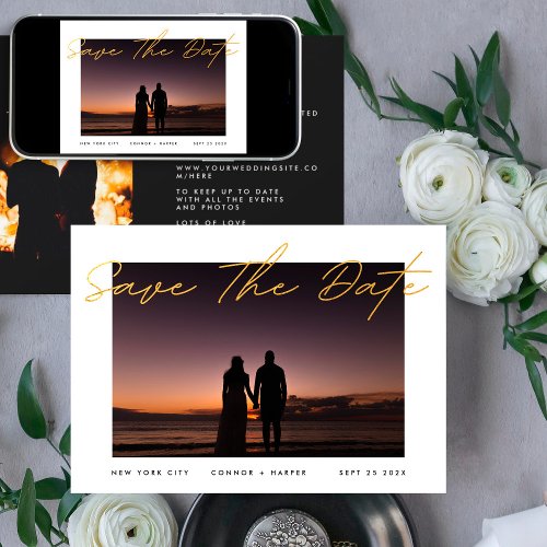 Modern Simple Text Border White Photo Black Gold Save The Date