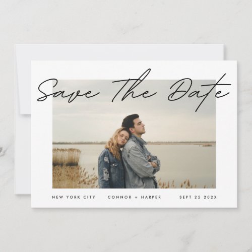 Modern Simple Text Border White Photo Black Onyx Save The Date