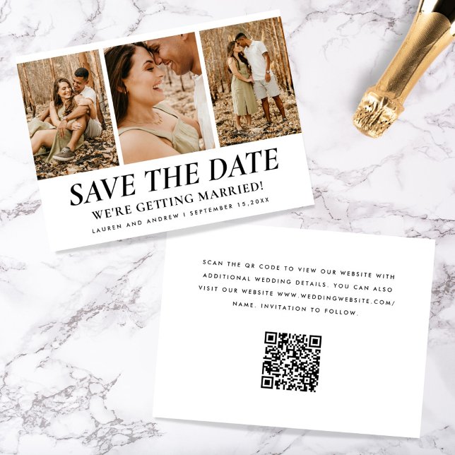Modern Simple Three Photo Collage Qr Code Wedding Save The Date (Creator Uploaded)