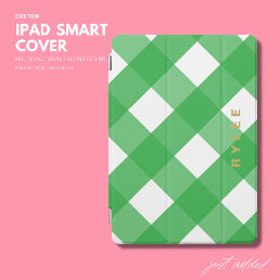 Modern Simple Trendy Green Gingham Monogram iPad Pro Cover