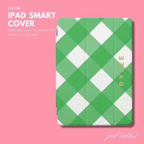 Modern Simple Trendy Green Gingham Monogram iPad Pro Cover